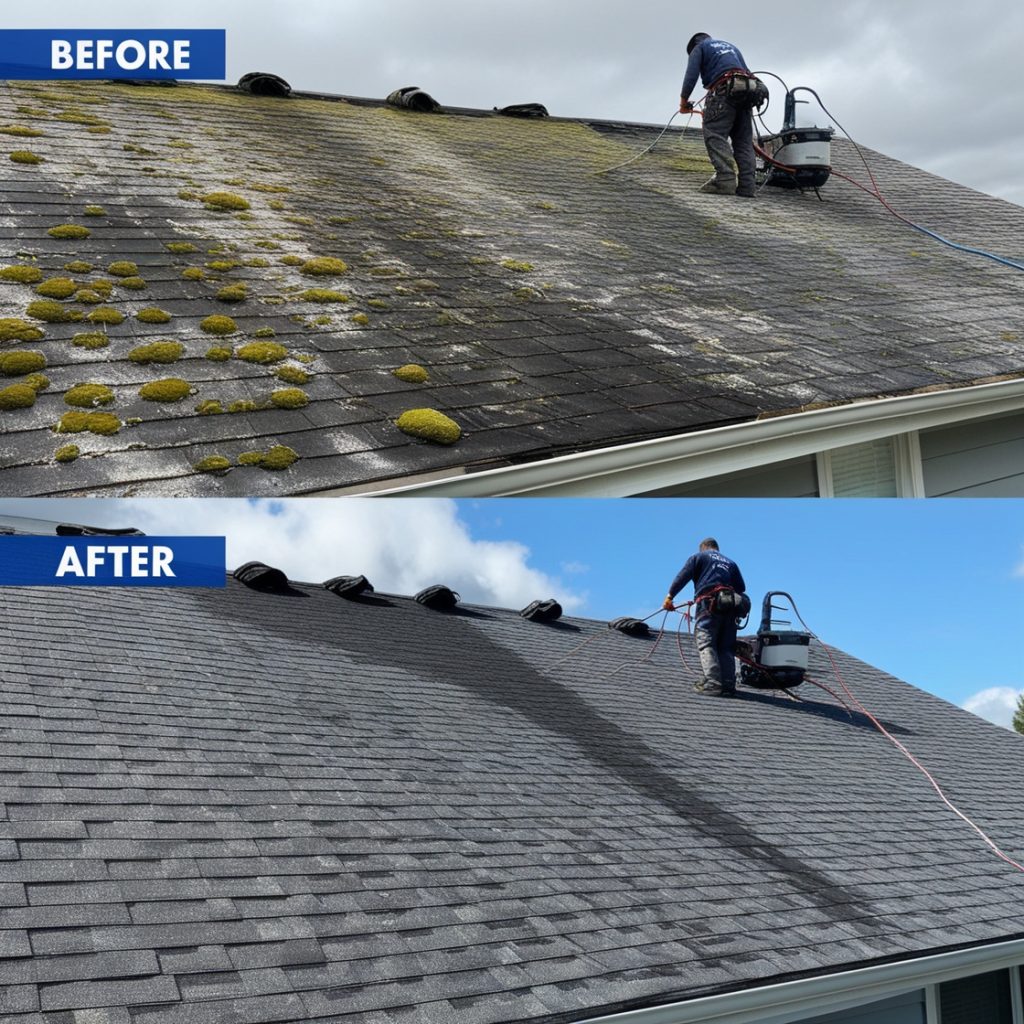 Domestic roof moss removal before and after